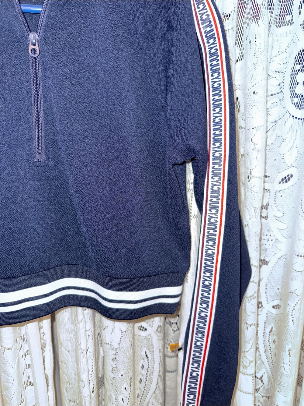Juicy Couture Navy Crop Half-Zip with Red & White Stripe Trim - Picture 2 of 6